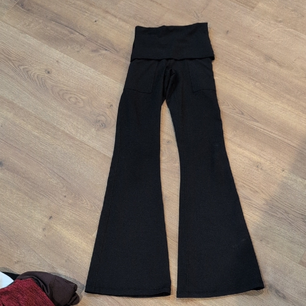 aerie Black Fold-Over Waist Hugger Flare Pants
